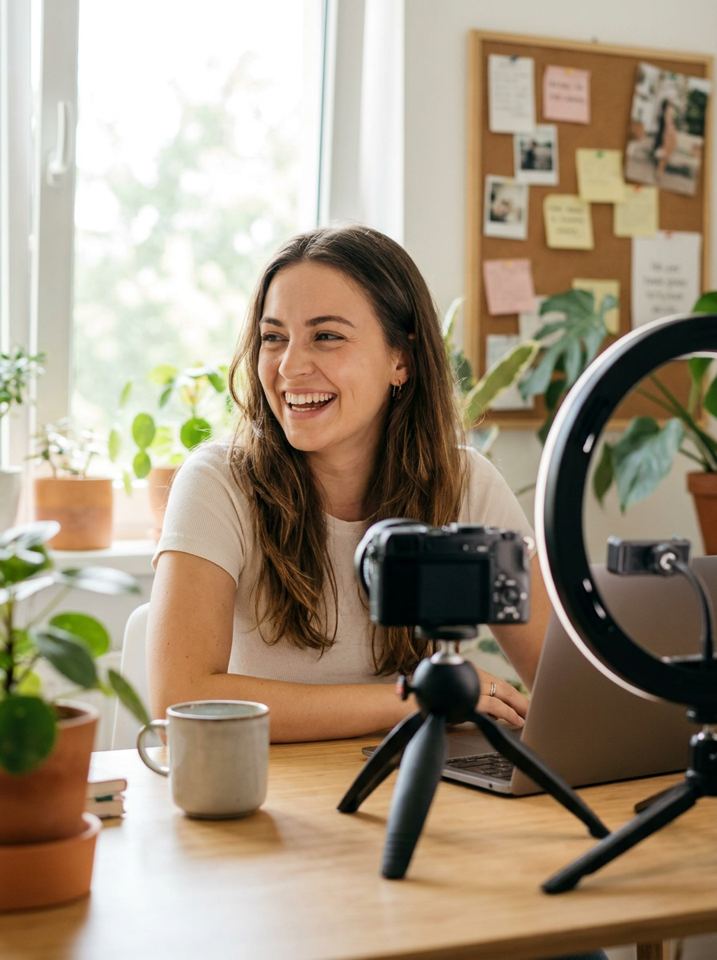 A smiling creator at her desk with a camera and ring light