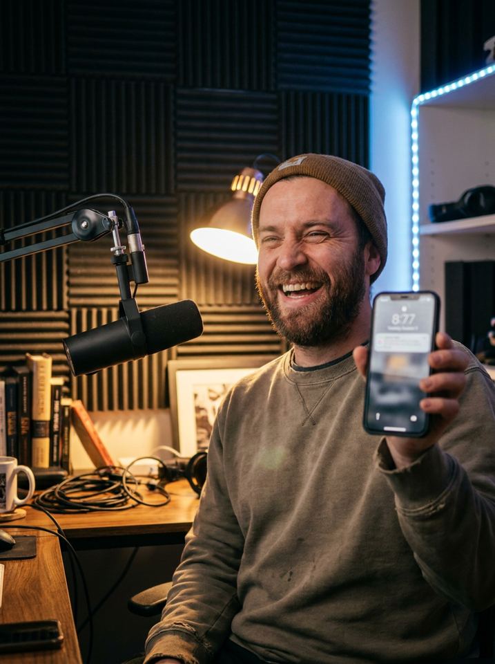 A creator in his recording room smiling at good news on his phone